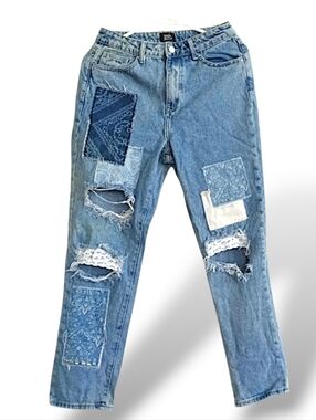 Simple Society Patchwork Denim Jeans Lace Beaded Distressed Straight Leg Boho 6